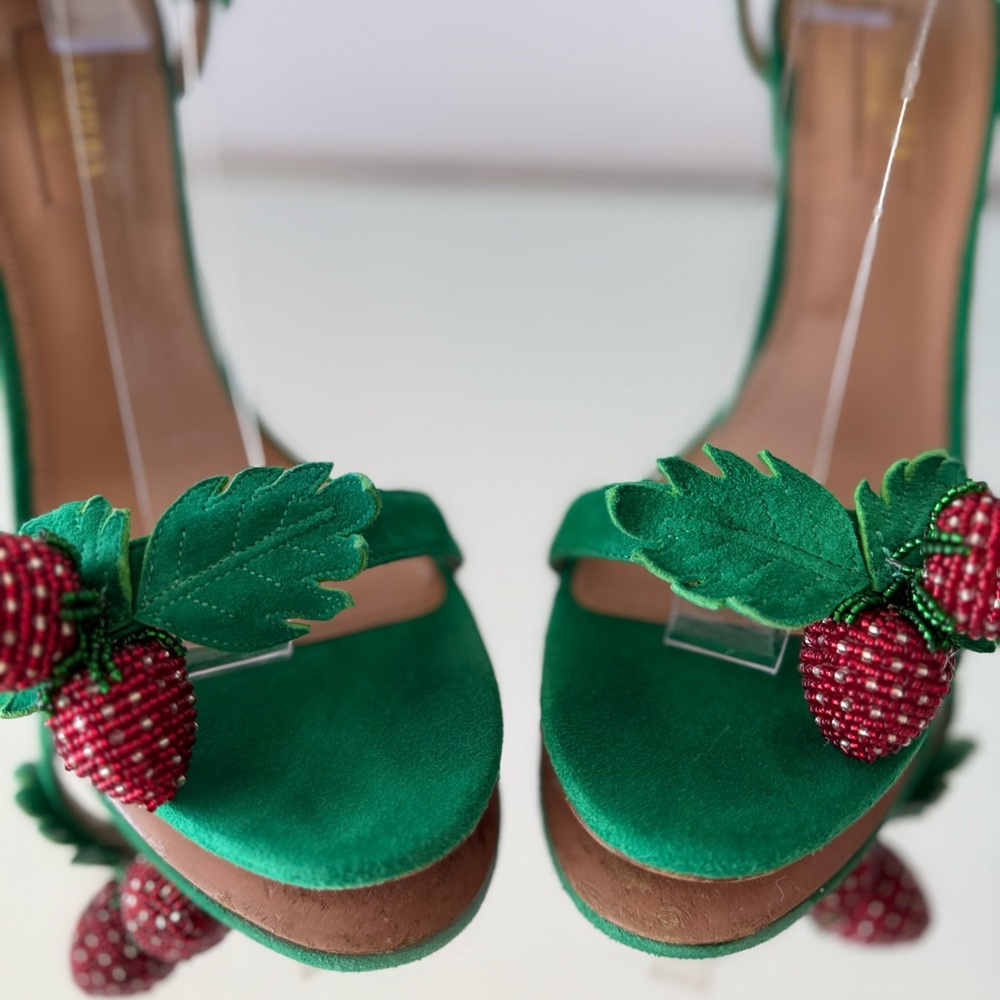 EUC Aquazzura Green Fragolina 105 Embellished Suede Sandals 37 $1,295 - Picture 11 of 17